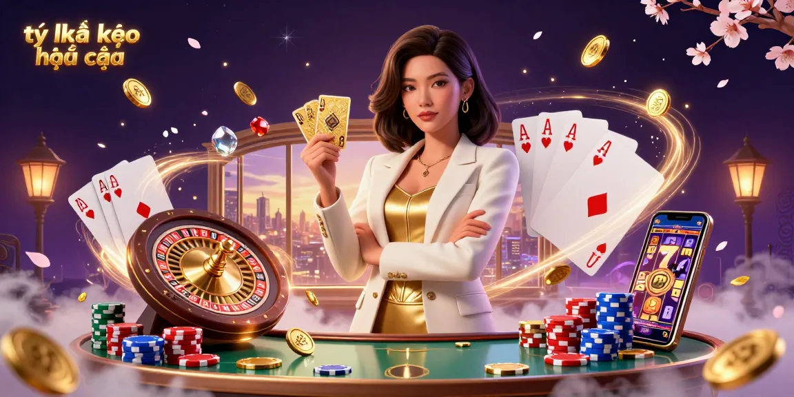 Engage with tỷ lệ kèo nhà cái in a dynamic 3D casino scene featuring an Asian woman holding golden cards, surrounded by vibrant gambling elements.
