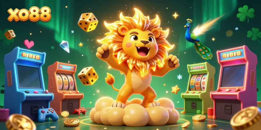 Experience thrilling gaming action at xo88 with a roaring lion and dynamic casino elements amidst a vibrant casino backdrop.
