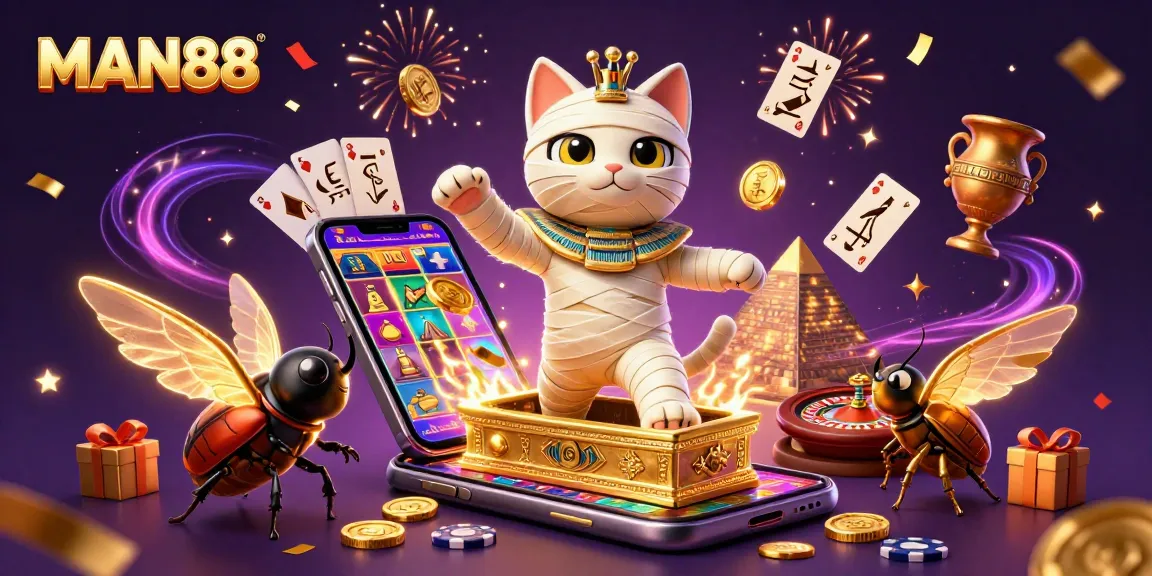 Experience the thrill of MAN88 with an enchanting scene of a mummy cat in a dazzling casino.