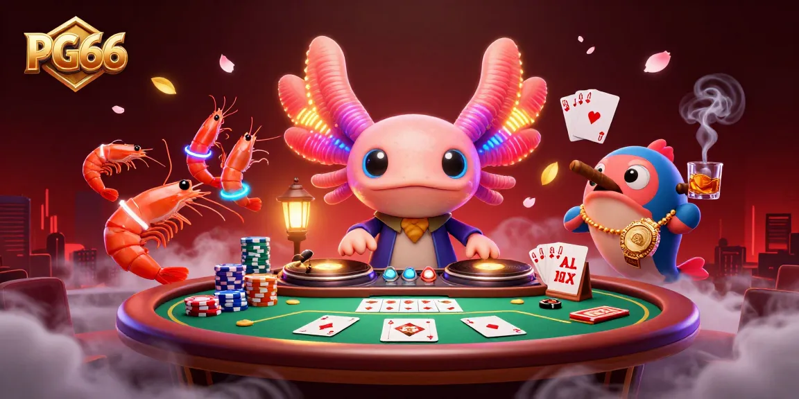 Engage with PG66's vibrant 3D illustration, showcasing a neon-colored axolotl DJ amidst dynamic poker elements.