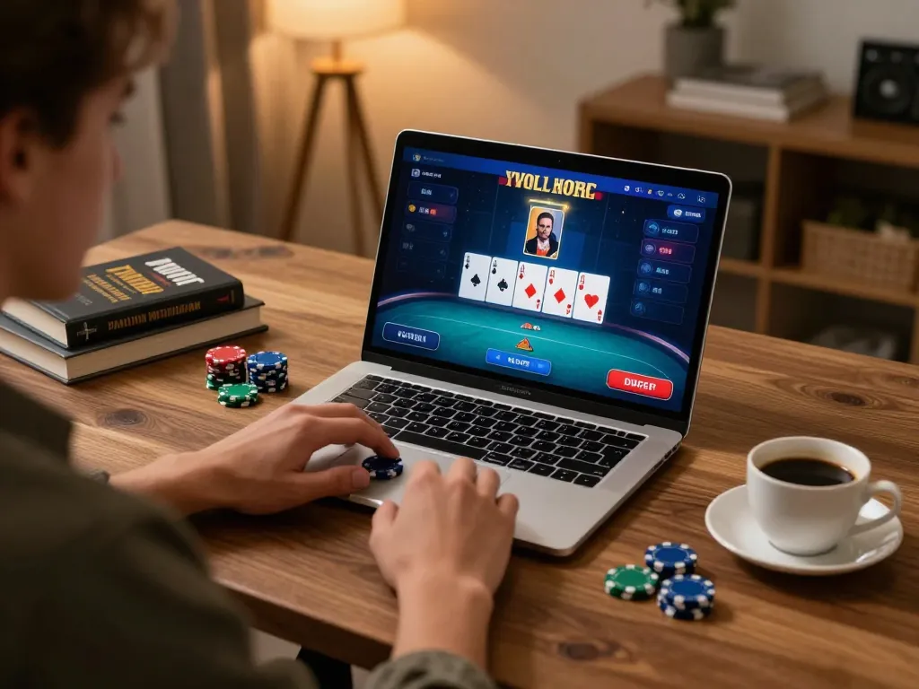 Engaged player at 27G online poker table showcasing strategic gameplay in a cozy home setting.