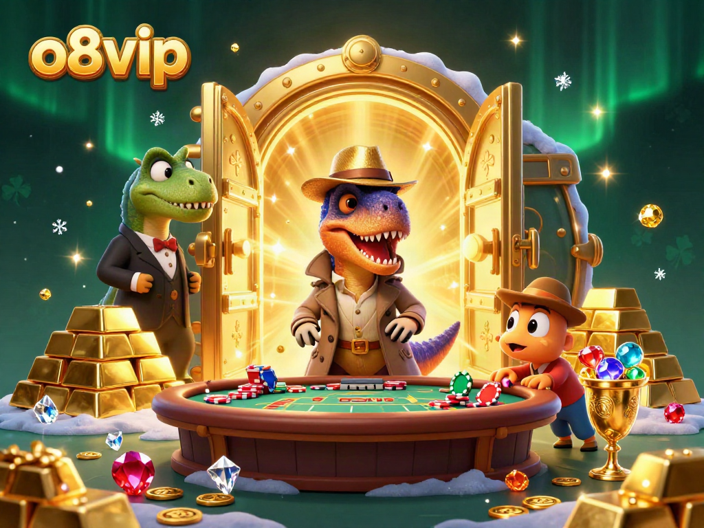 Experience thrilling games with o8vip as cartoon dinosaurs engage in casino action, surrounded by treasure.