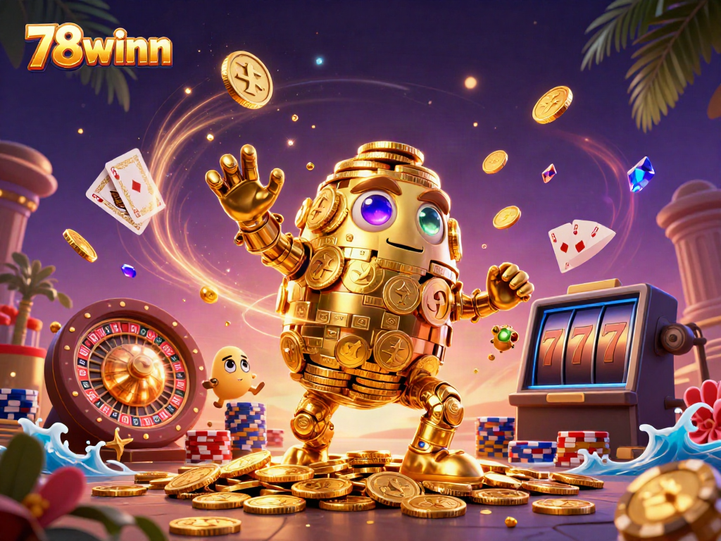 Immerse in a dynamic scene of 78winn featuring a golden golem, casino elements, and vibrant action.