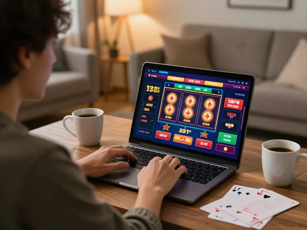 Jogador engajado desfrutando de jogos de cassino em casa através da plataforma 337bet.