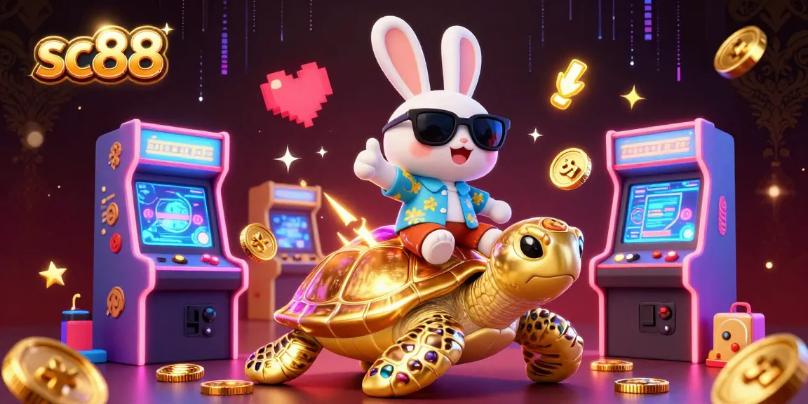Experience excitement at SC88 casino with a lucky rabbit and golden turtle amidst vibrant gaming elements.