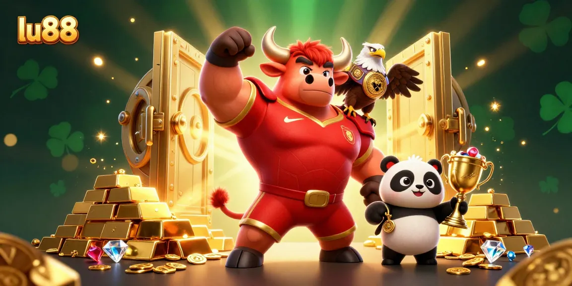 Experience the excitement of lu88 with a victorious bull mascot, eagle, and trophy-holding panda amidst casino treasure.