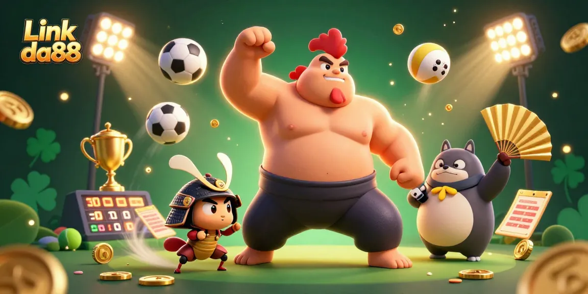 Experience gaming excitement with Link da88 as a powerful sumo rooster and samurai cricket engage in intense competition.