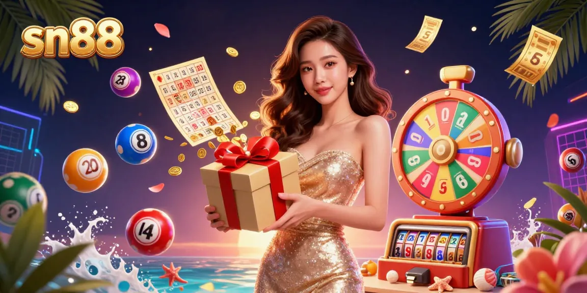 sn88 showcases a stunning Asian woman holding a gift box of coins amidst lively lottery elements.