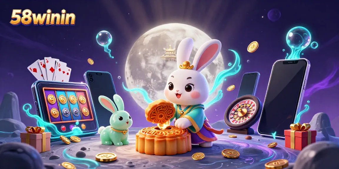 Engage with 58winin's enchanting casino experience featuring a cartoon moon rabbit and dynamic gaming elements.
