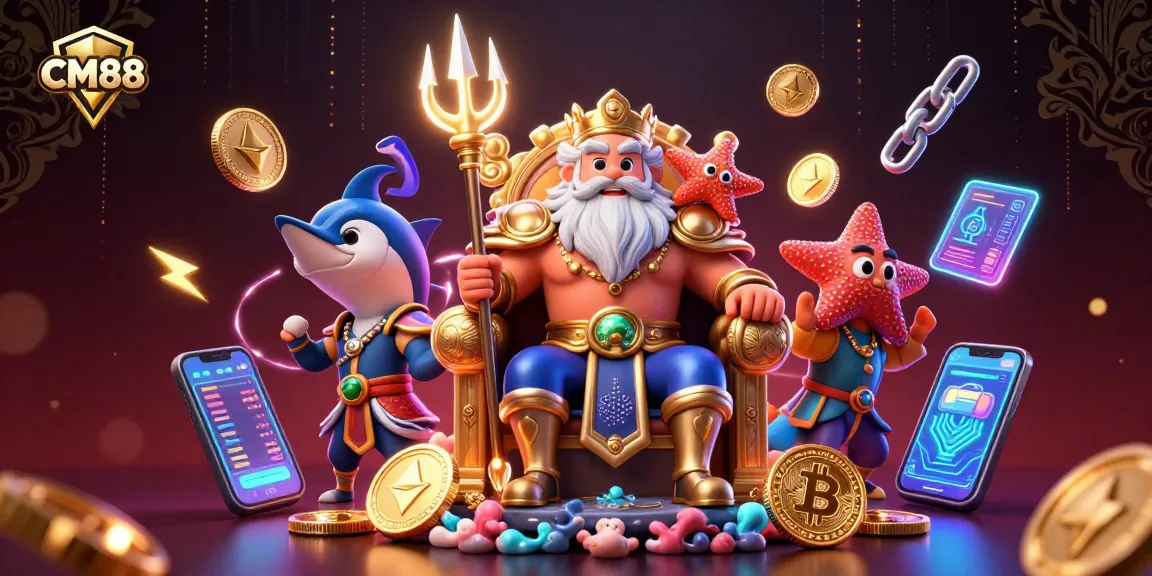 Spin the reels with CM88, showcasing neon crypto coins and vibrant casino elements for an exciting gaming experience.