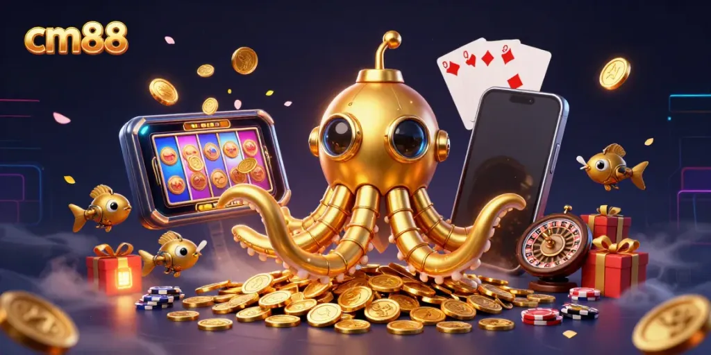 Experience cm88's vibrant underwater casino world with a golden kraken and dynamic game elements.