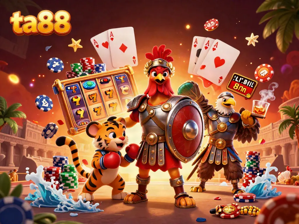 Play thrilling slots at ta88 with a dynamic illustration of gaming elements and characters.
