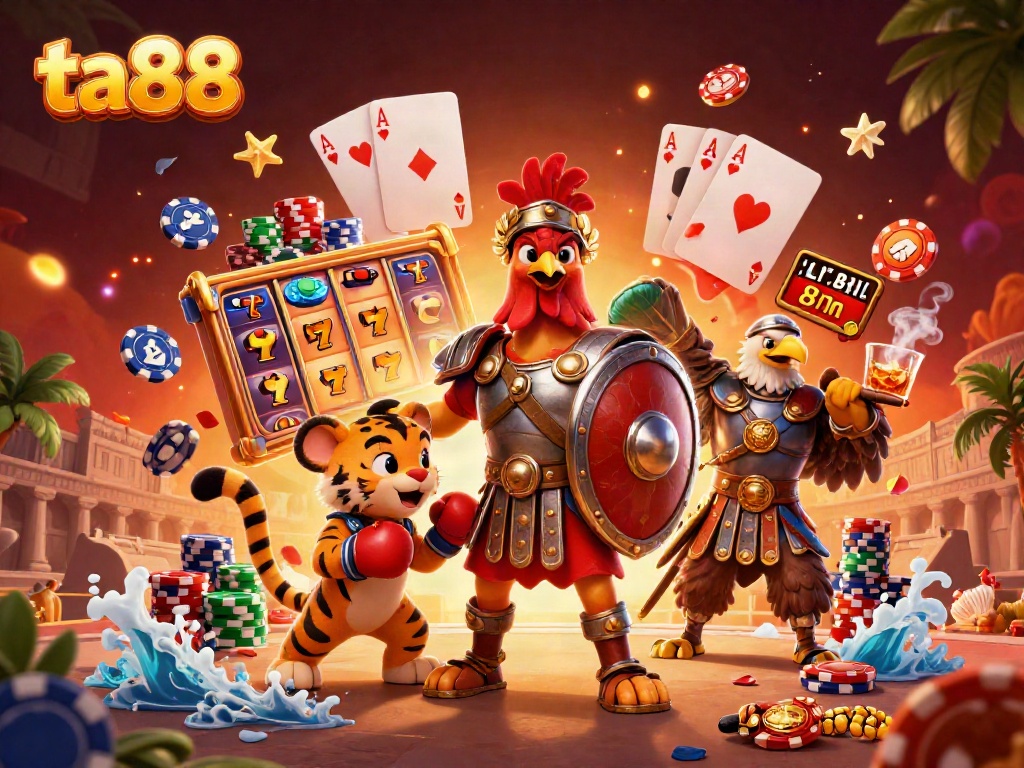 Play thrilling slots at ta88 with a dynamic illustration of gaming elements and characters.