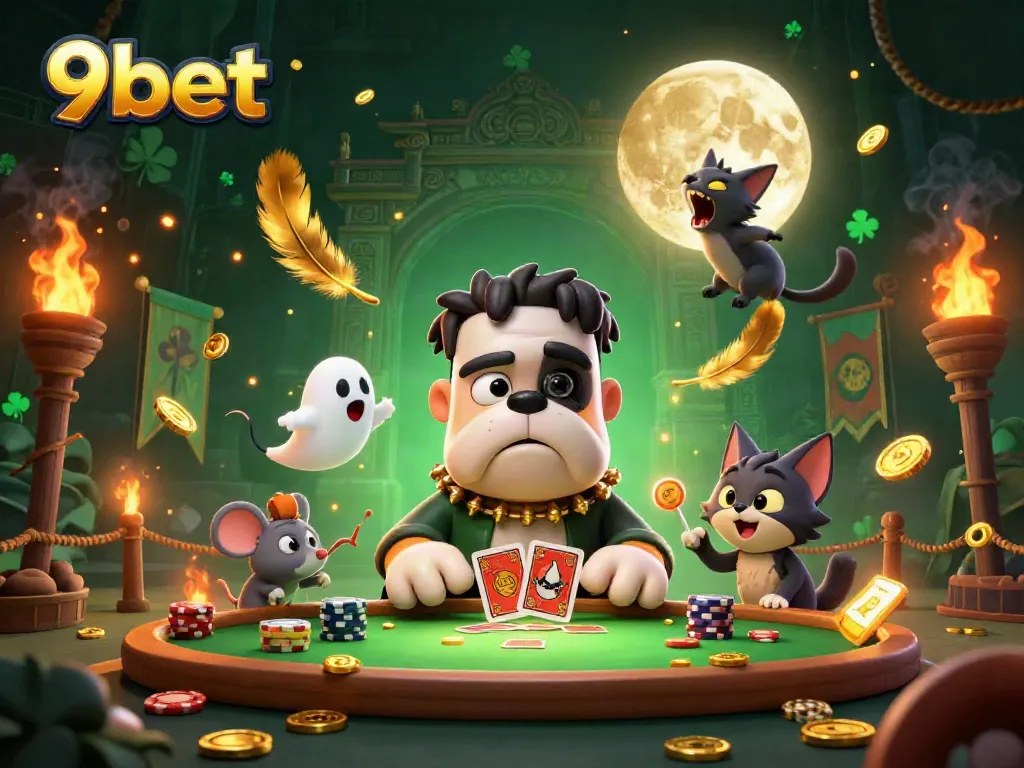 Experience thrilling card games with the lively 9bet characters at a spooky casino table.