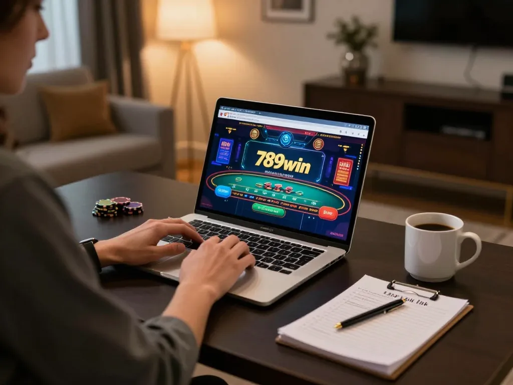Engaging moment of a player accessing 789win link for an online casino game on a laptop.