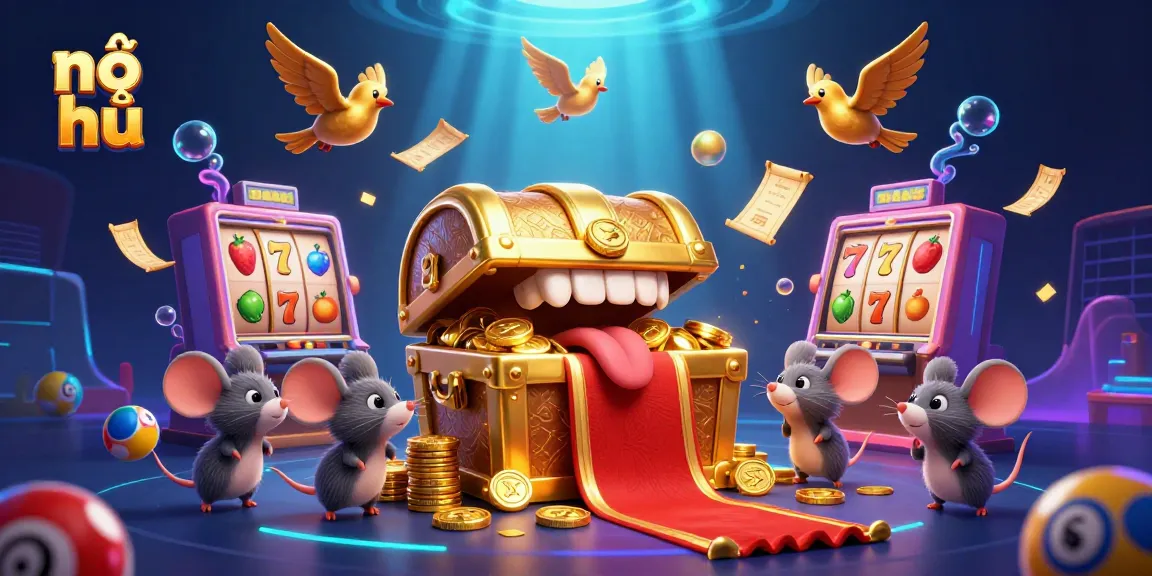 Nổ hũ jackpots await as golden treasures lure adventurer mice among colorful gambling elements.