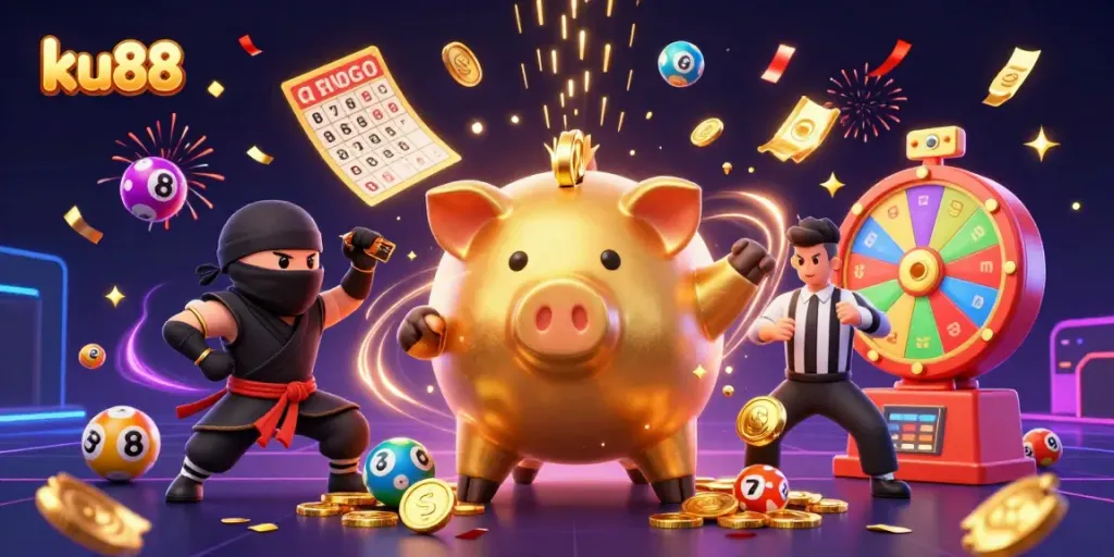 Experience excitement with ku88 as golden coins rain down from a lively piggy bank sumo wrestler in this vibrant casino scene.