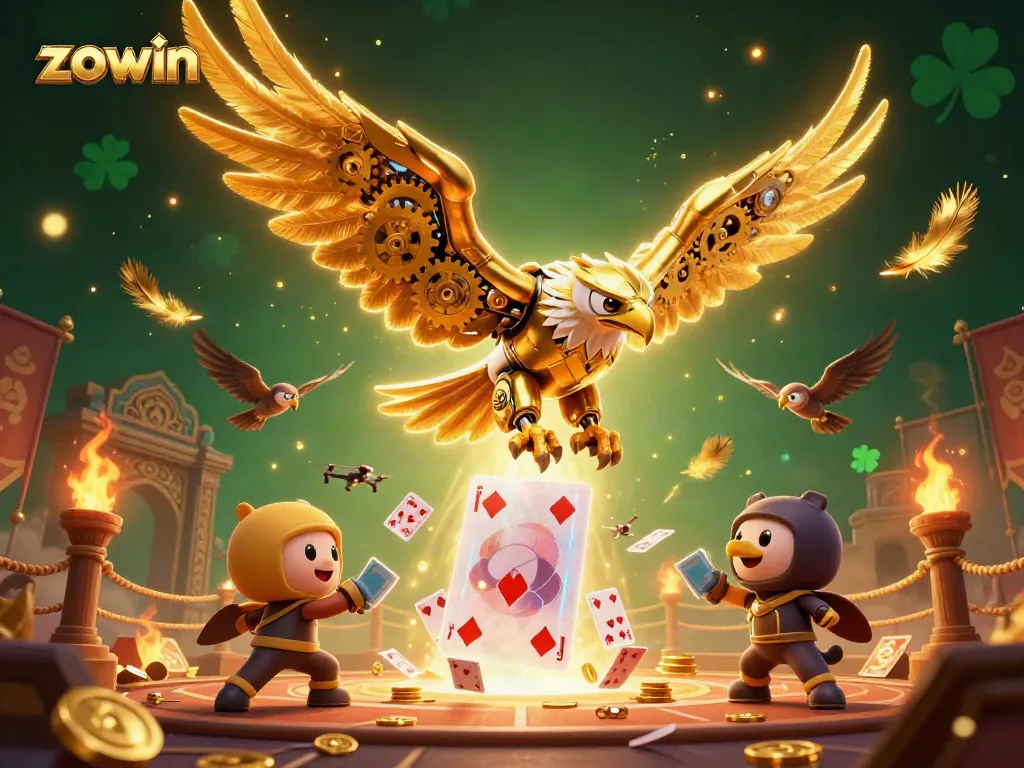 Experience thrilling gameplay with zowin as a cybernetic eagle dives through holographic cards in a vibrant casino scene.