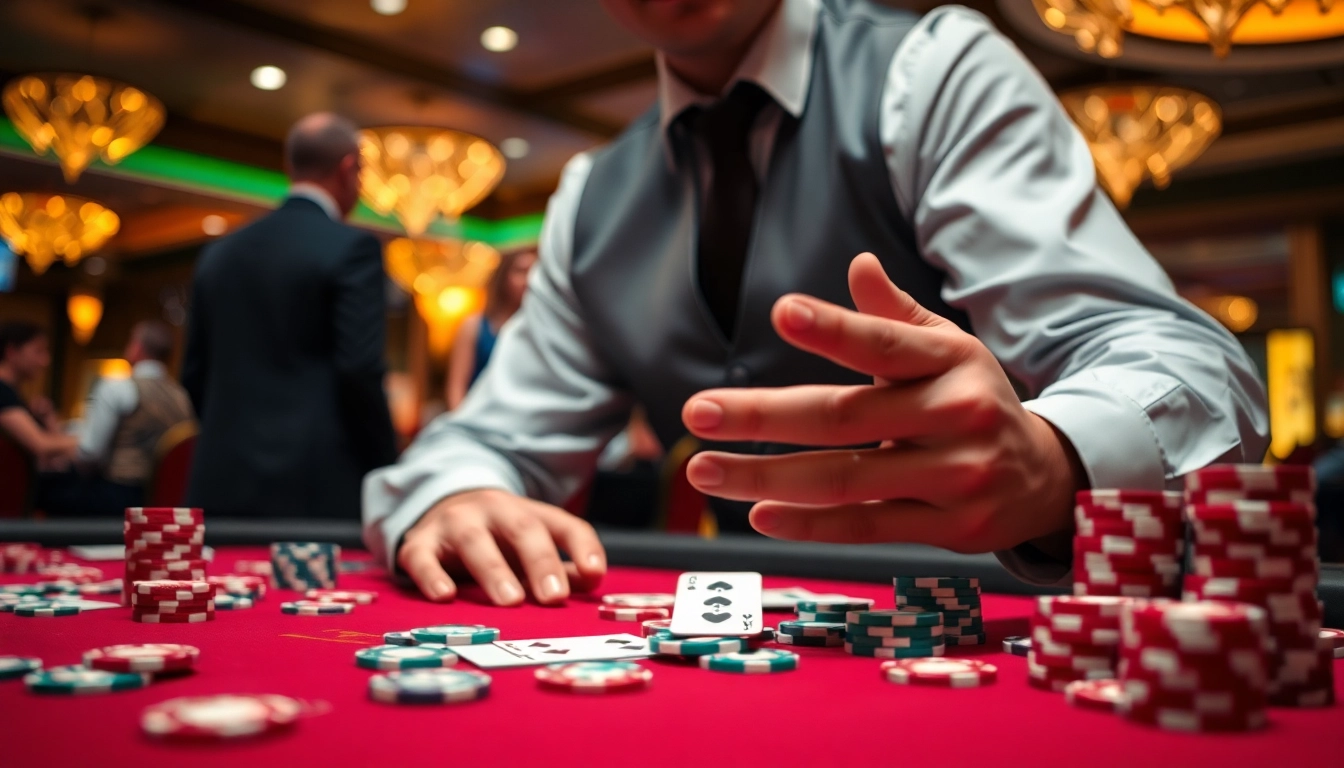Spiele mit WestAce Germany: Profi-Dealer am Tisch mit farbigen Chips und Karten.
