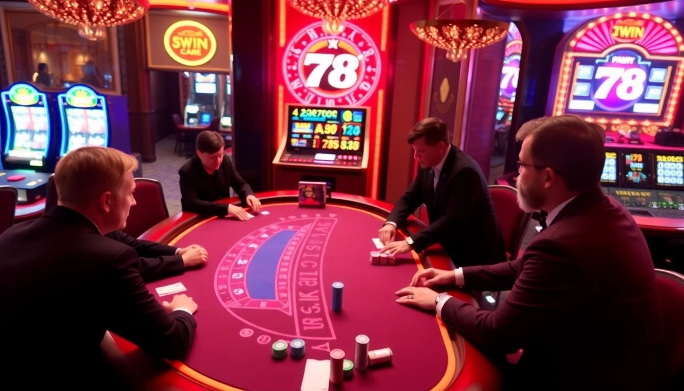 Experience excitement with 78win at the luxurious blackjack table under vivid casino lights.