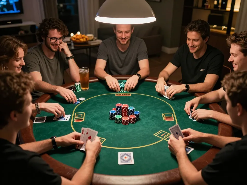 Players experience an engaging poker night at home, showing action and camaraderie with 99ok prominently featured