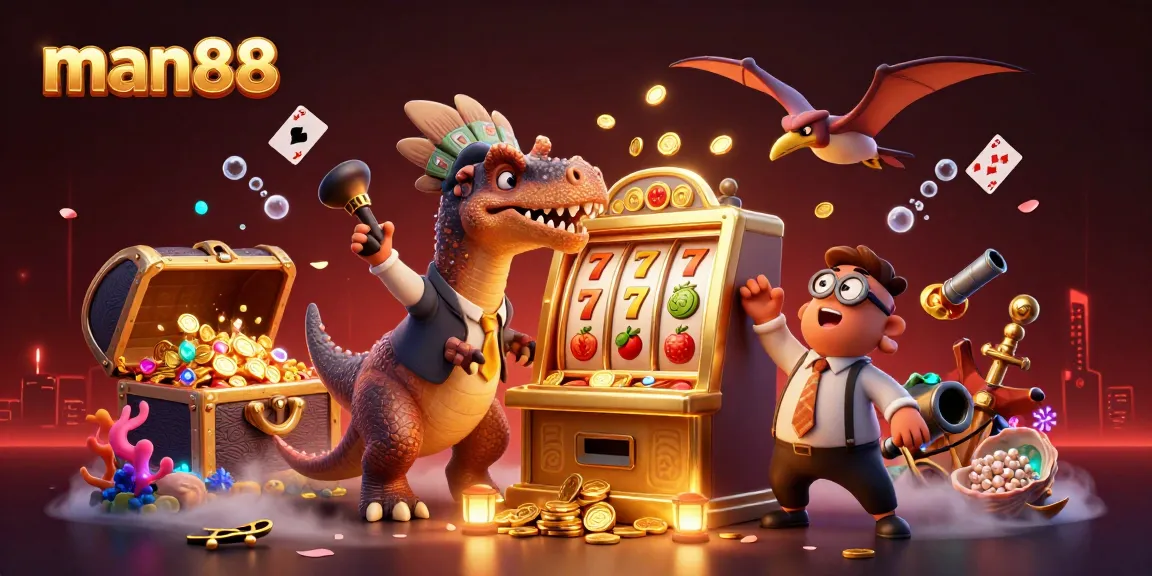 Man88 features a pachycephalosaurus winning on a golden slot machine amid flying coins in this vibrant casino scene.