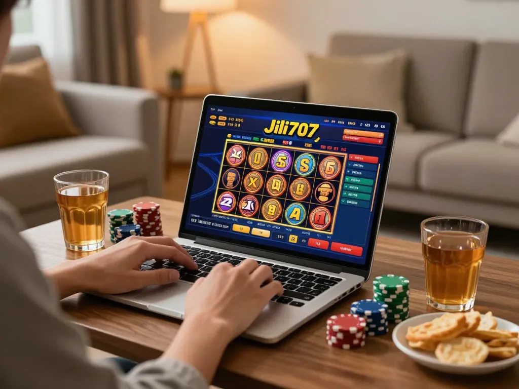 Enjoying exciting slots on Jili707 while gaming at home with vibrant accessories.