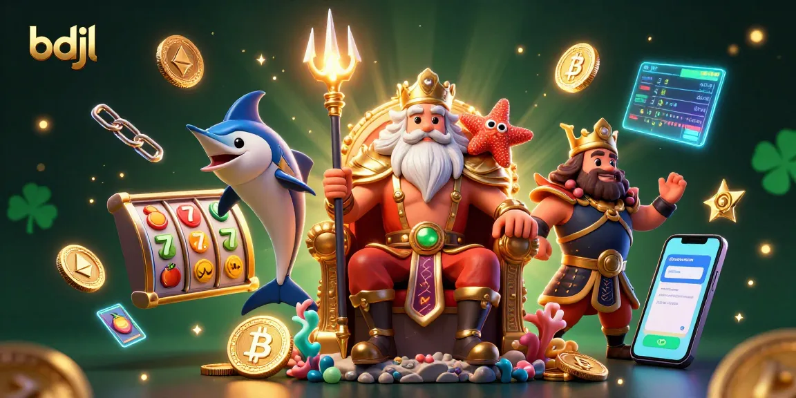 Spin to win with bdjl - 3D cartoon sea king Neptune and vibrant slot game elements.