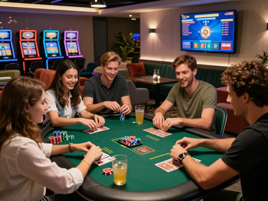 CWIN gaming experience with friends enjoying card games and slots in a lively lounge.