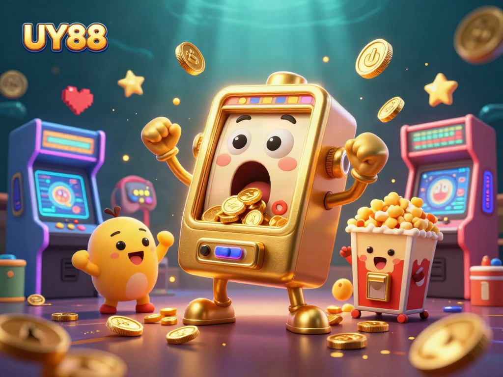 UY88 slot machine hits jackpot, dazzling coins and cheering machines illuminated in vibrant 3D.