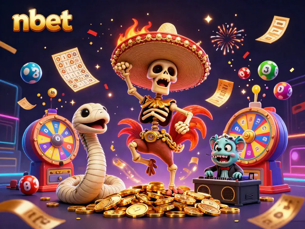 Experience the thrill of nbet gaming with festive characters celebrating amid colorful lottery elements.