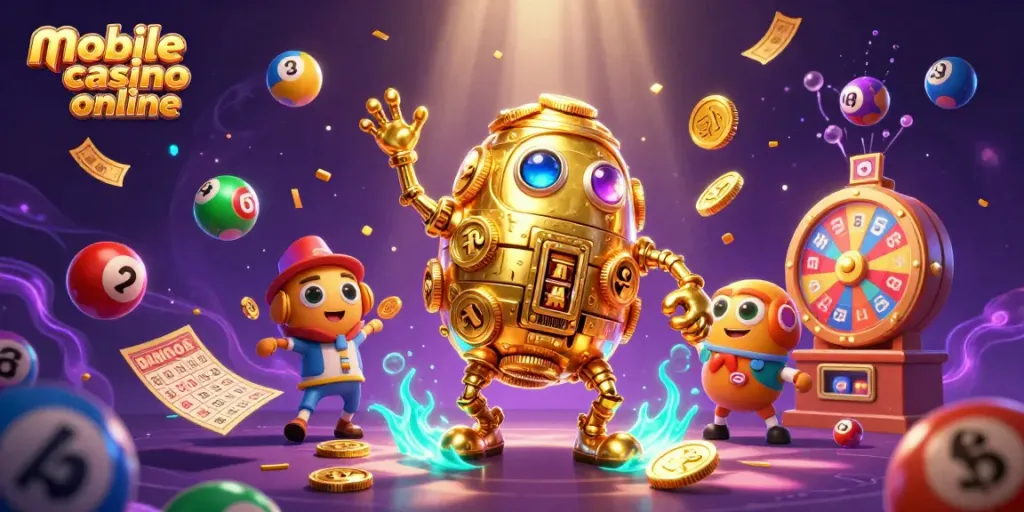 Experience the excitement of mobile casino online with a dynamic 3D illustration of a golden golem surrounded by vibrant game elements.