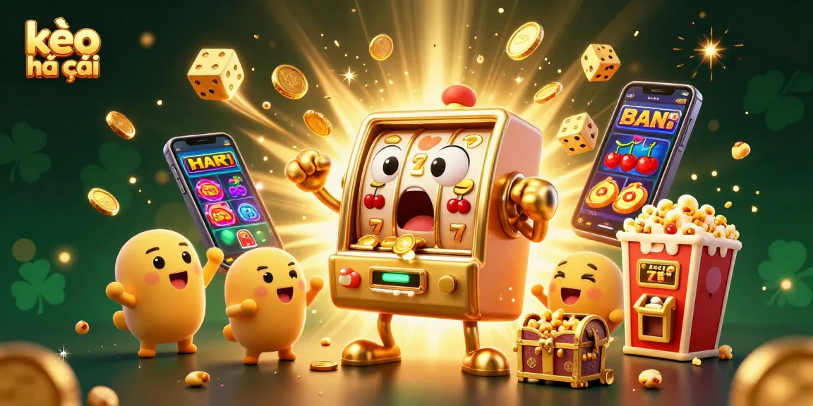 Celebrate wins with kèo nhà cái as the golden slot machine hits the jackpot in a dynamic casino illustration.