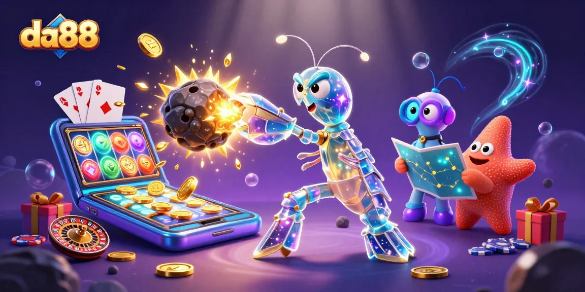 Experience thrilling wins with da88 as the mantis shrimp battles for golden coins and gems in an exciting slot scene.