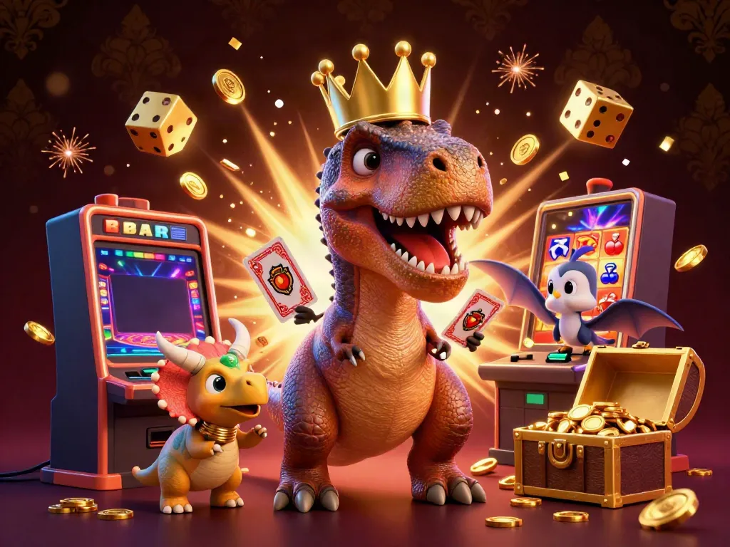 Experience an exciting gem88 casino game scene featuring a T-Rex and friends amidst a jackpot explosion.