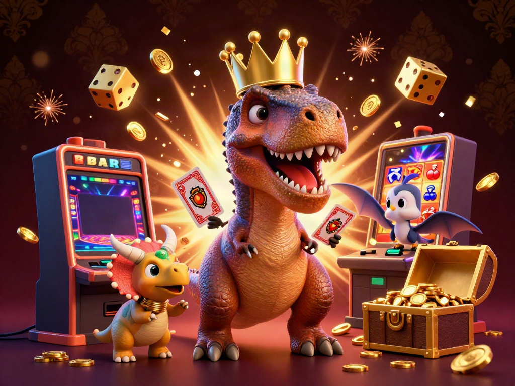 Experience an exciting gem88 casino game scene featuring a T-Rex and friends amidst a jackpot explosion.
