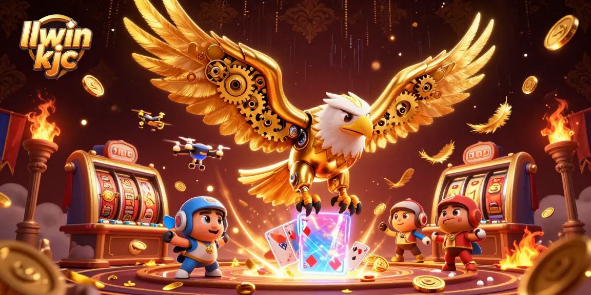 Experience thrilling gameplay with the llwin kjc cybernetic eagle, immersed in a casino scene filled with holographic cards and gold coins.