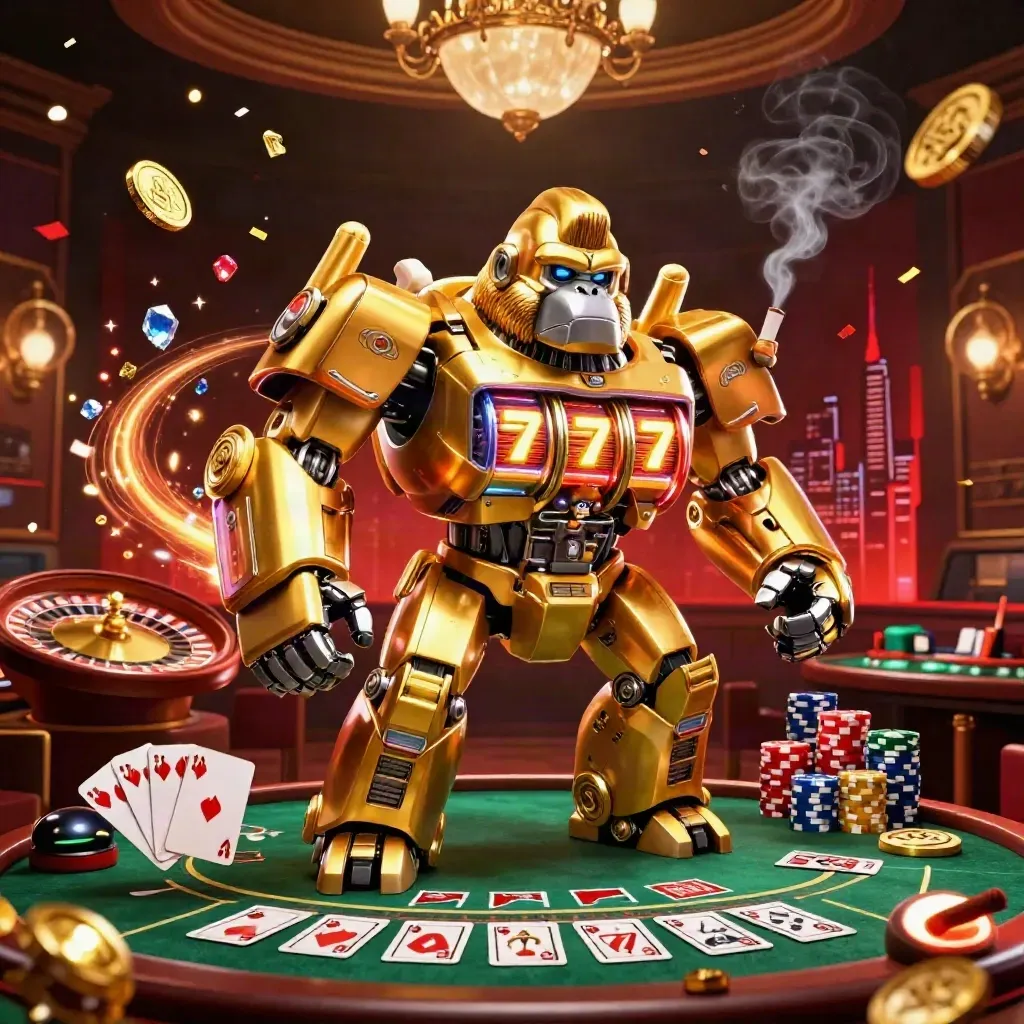 Gorila mecânico dourado com macaco piloto, moedas, fichas, cartas e roleta em cena luxuosa.