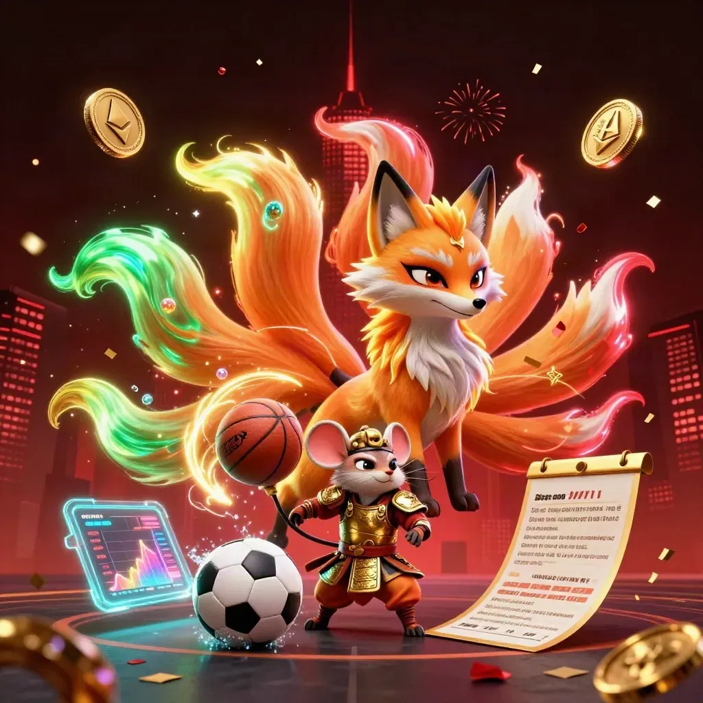 Raposa mística de nove caudas e rato samurai cercados por moedas, bolas e raios neon.