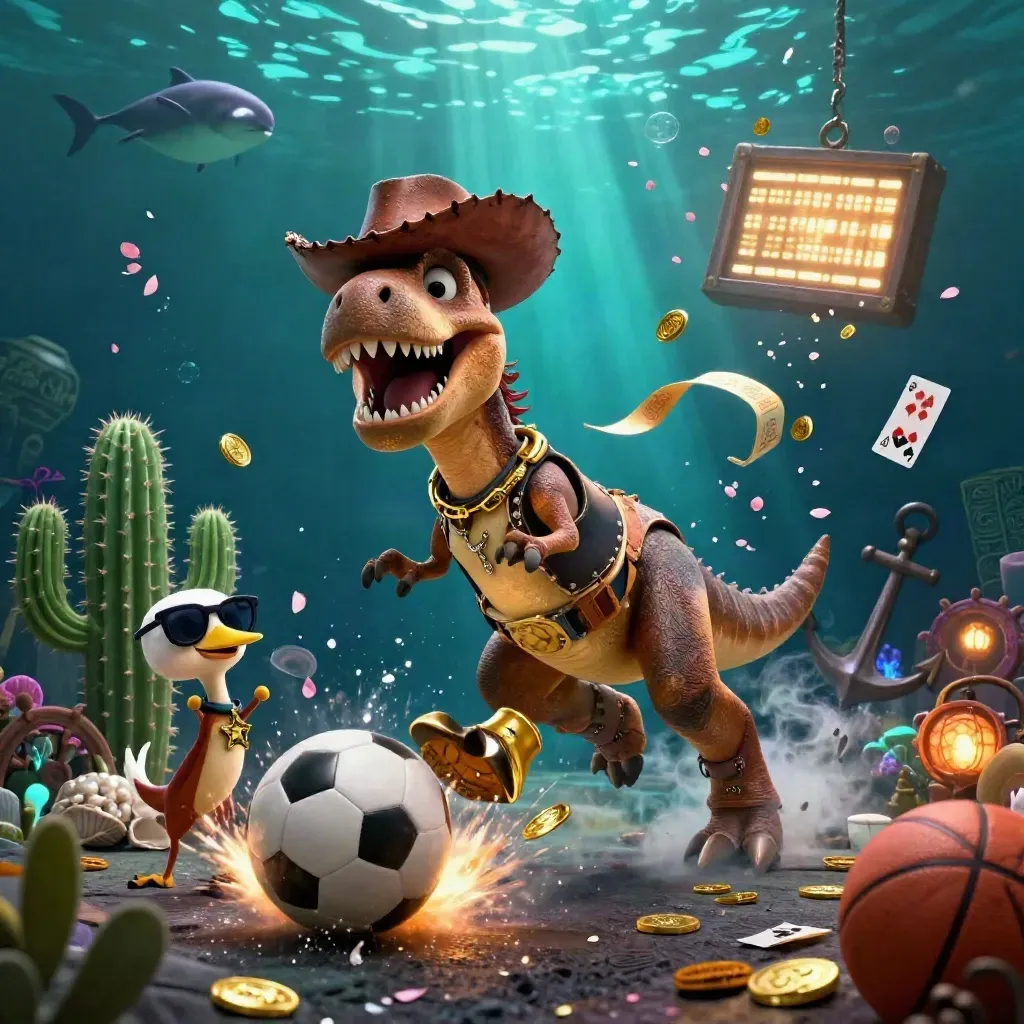 T-Rex cowboy, cacto e roadrunner em tesouro subaquático com bolas e moedas.