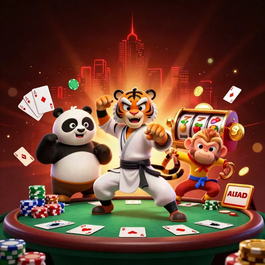 Tigre kung-fu, panda e macaco cercados por cartas, fichas e brilho dourado em cenário neon.