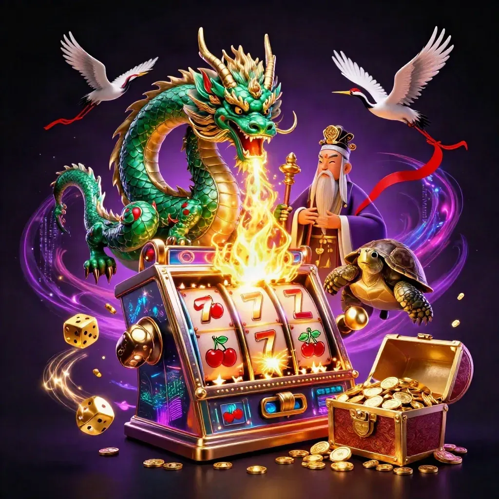 Dragão esmeralda, tartaruga sábia e grous em explosão de jackpot com ouro e neon.