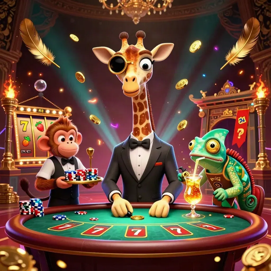 Girafa high-roller, macaco e camaleão em mesa de pôquer dourada, com cassino neon e arte luxuosa.