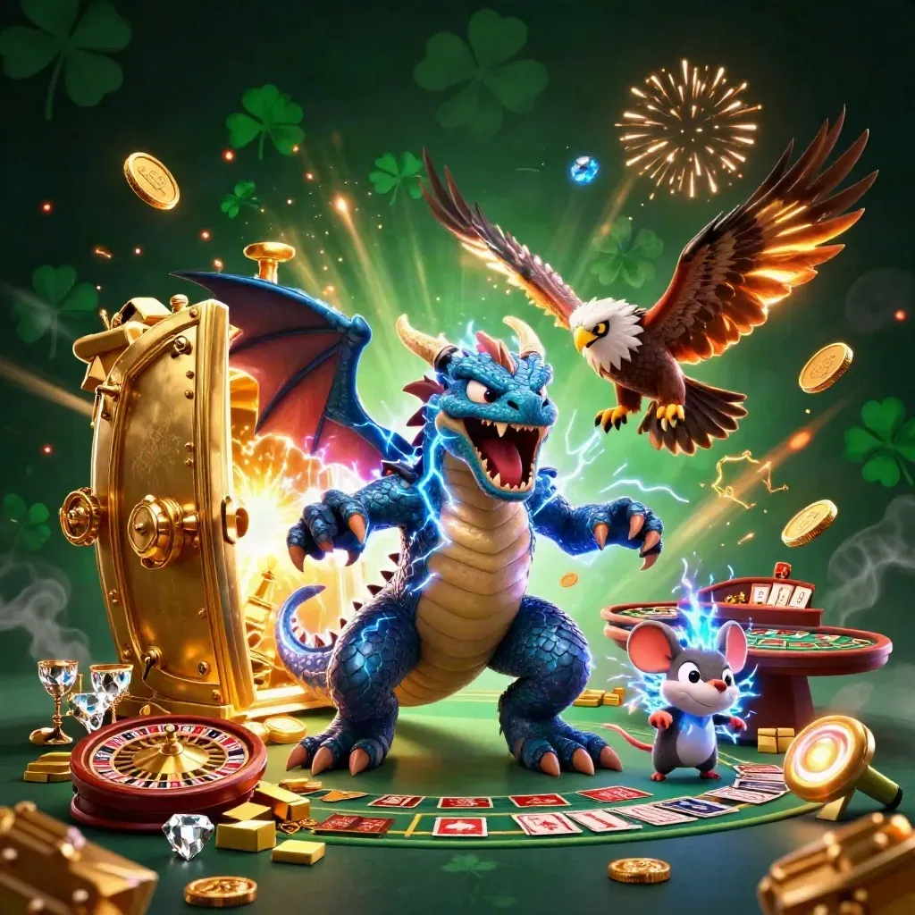 Dragão trovão, falcão e rato cercados por tesouros, roleta e cartas em brilho luxuoso.