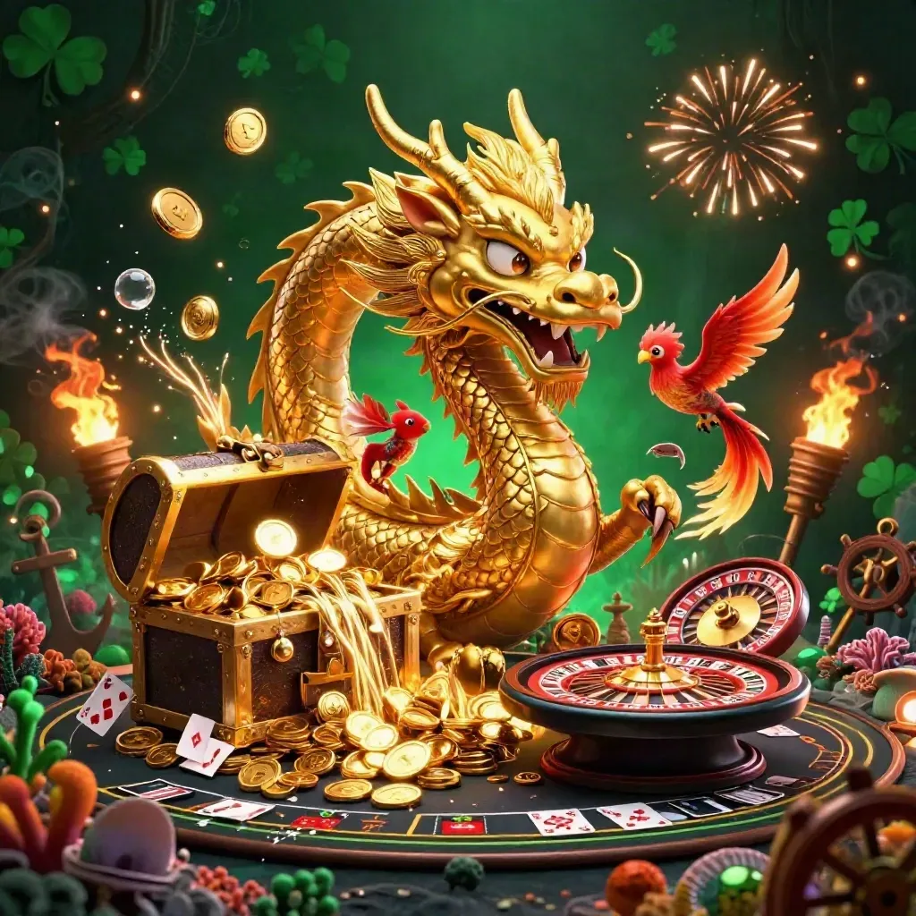Dragão dourado, fênix bebê, koi e moedas de ouro em explosão num tesouro subaquático luxuoso.