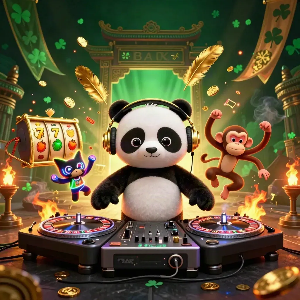 Panda DJ, macaco e gatinho neon em cena de cassino com moedas, luz dourada e estilo vibrante.