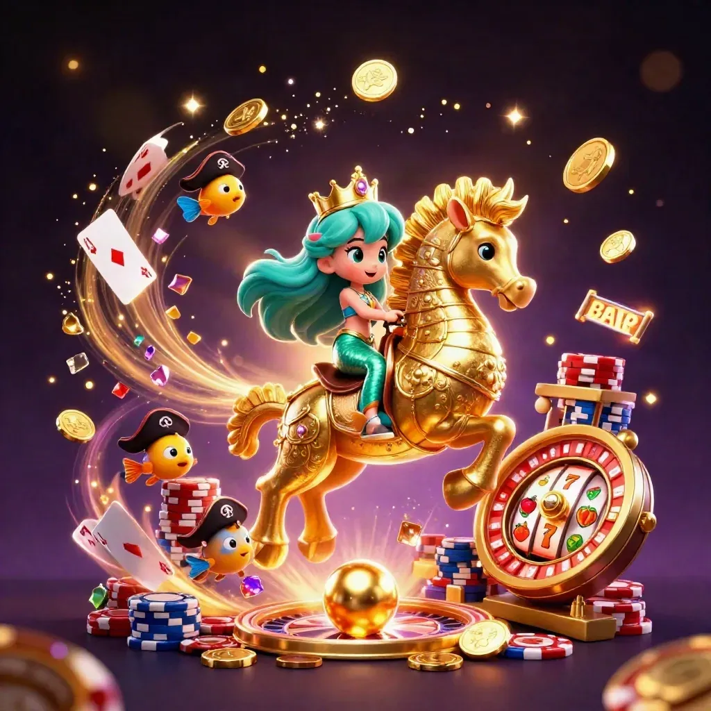 Princesa sereia 3D em cavalo-marinho dourado, com moedas, cartas, roleta e peixes piratas