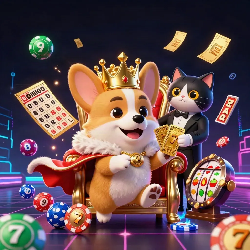 Corgi coroado e gato mordomo entre fichas, roleta, bolinhas e luzes neon.