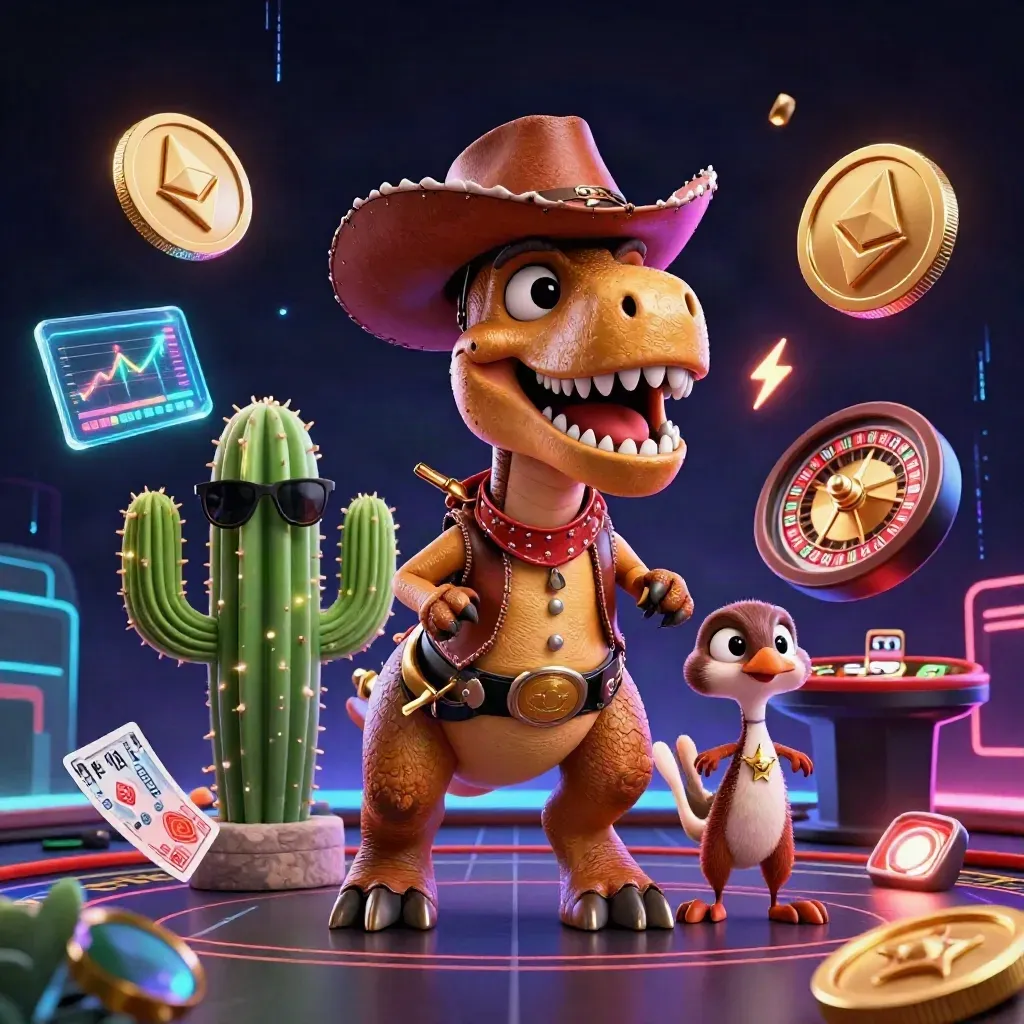T-Rex cowboy, cacto e roadrunner cercados de moedas cripto e luz neon de cassino.