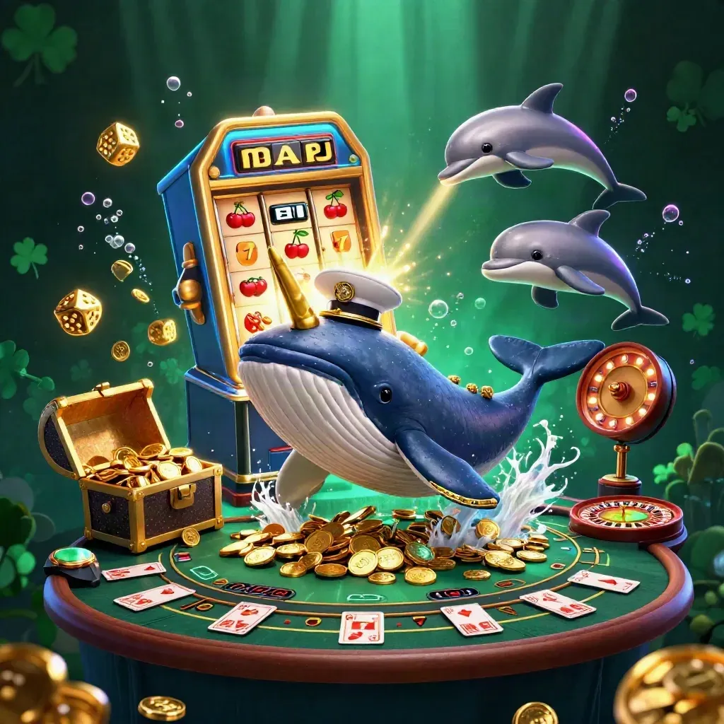 Baleia capitã, narval e golfinhos cercados de moedas, slots e brilho neon.